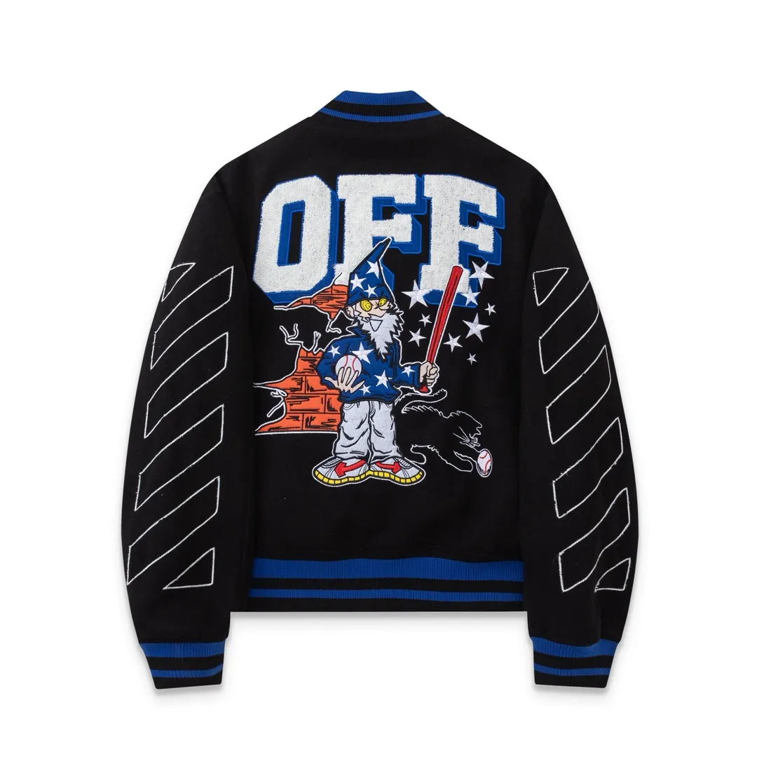 S67#P660, offwhite heavy-duty embroidered baseball cotton jacket. The body is made of woolen fabric. Couple's jacket. Black size: S M L XL